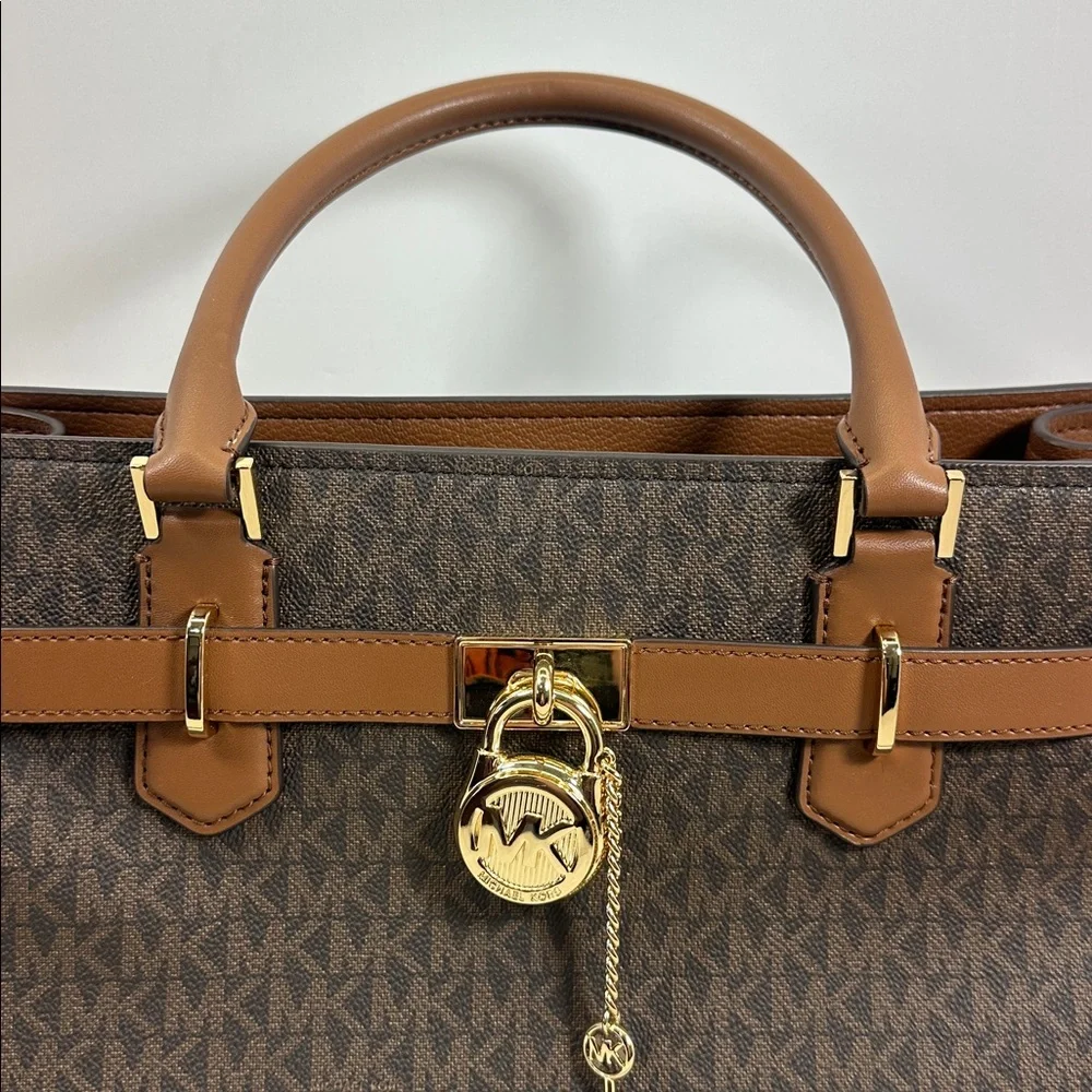 MICHAEL KORS Hamilton Medium Logo Satchel Purse Handbag Brown Gold NEW